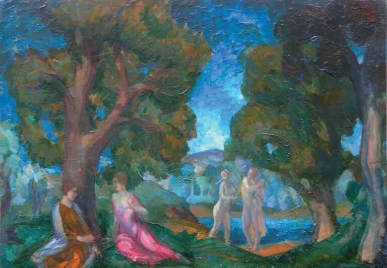 Paysage avec les baigneuses Huile sur carton Signée au dos 32 x 46 cm Provenance: Ancienne collection de Monsieur