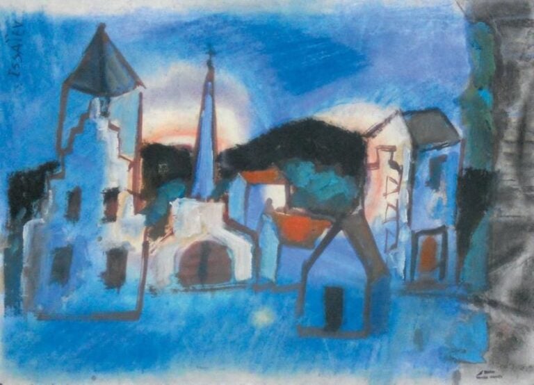 Paysage avec une chapelle Gouache et pastel Signée en haut à gauche, timbre d'atelier en bas à droite 36 x 46 cm (à vue)