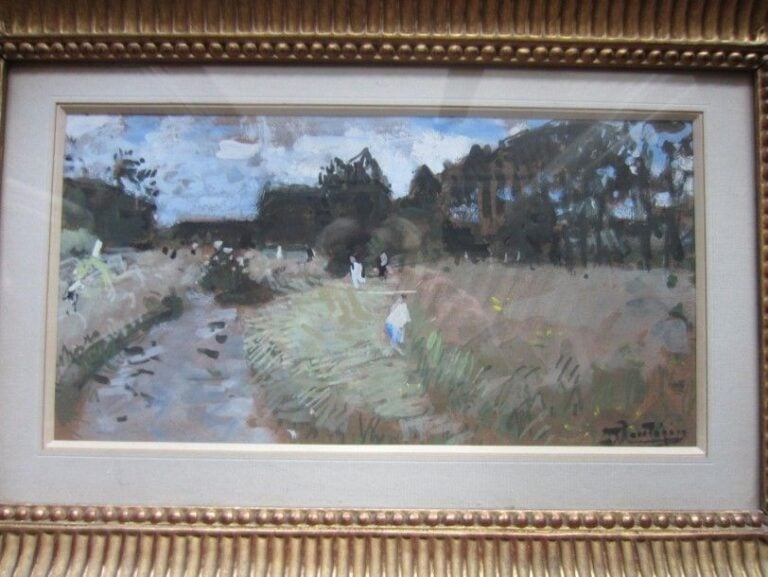 Paysage champêtre Gouache, signée en bas à gauche 17 x 33 cm