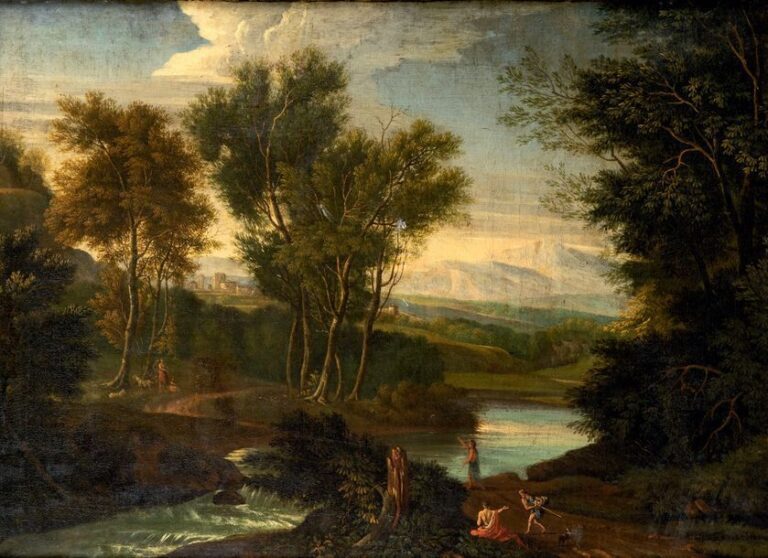 Paysage classique animé d'une rivière et de personnages à l'antique