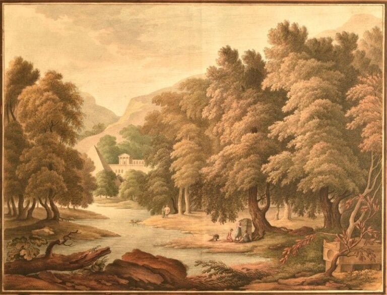 Paysage classique animé de personnages devant un mausolée Aquarelle 43 x 57,5 cm