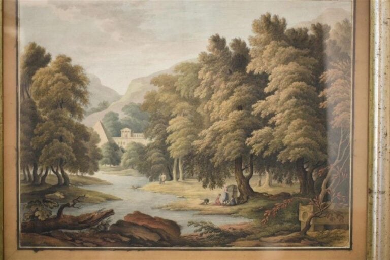 Paysage classique animé de personnages devant un mausolée Aquarelle 43 x 57,5 cm