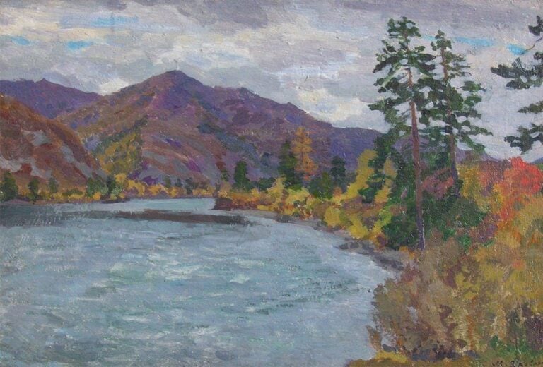 Paysage d'Altaï (1918) Huile sur toile Signée en cyrillique en bas à droite Datée et située au dos "Altaï - Anos-Katun" 36 x 53 cm
