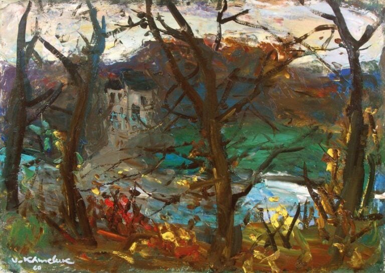 Paysage d'automne à la rivière Huile sur toile, signée en bas à gauche et datée 6