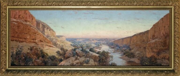 Paysage dans un désert sud-algérien Eugène-François Deshayes (1868-1939) Huile sur toile, beau cadre en bois mouluré et sculpté 70 x 200 cm Eugène-François Deshayes est un peintre orientaliste français, ancien élève des Beaux-Arts de Pari