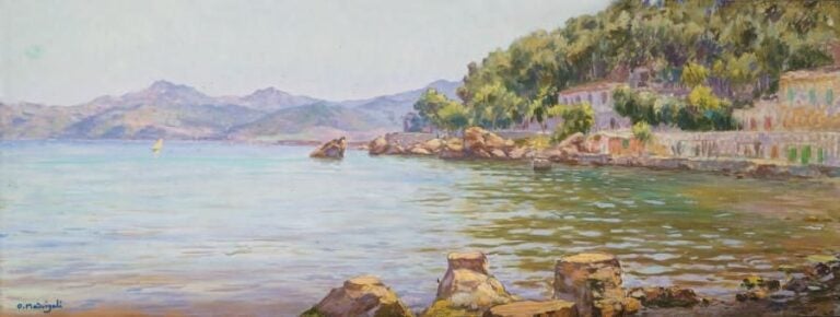 Paysage de bord de mer Huile sur panneau, signée en bas à gauche 38,5 x 100 cm