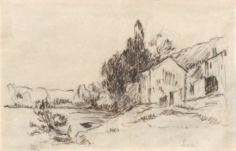 Paysage de campagne Encre de chine et mine de plomb, signée en bas à droite 13,5 x 21 cm