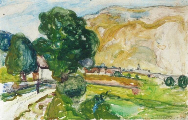 Paysage de campagne Mine de plomb et aquarelle Signée en bas à droite, datée 1908 et située Sainte Marie de Campagne 23 x 35 cm