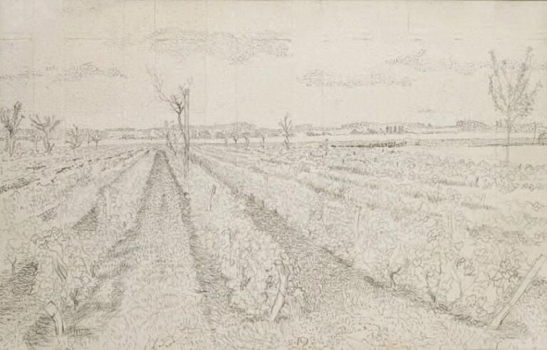 Paysage de campagne Mine de plomb, signée en bas à droite 30 x 46 cm