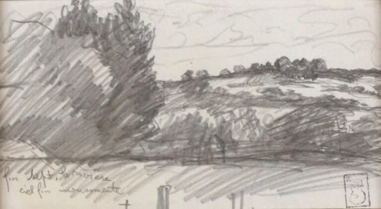 PAYSAGE DE L'OISE Dessin au crayon noir, porte le timbre du monogramme, en bas à droite 10,5 x 20 cm