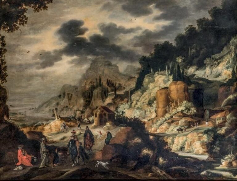 Paysage de montagne animé de voyageurs et de mendiants