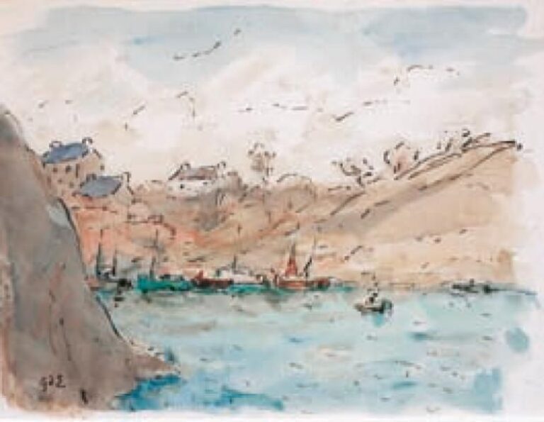 Paysage de Morbihan Encre et aquarelle, monogrammée en bas à gauche 25 x 31 cm