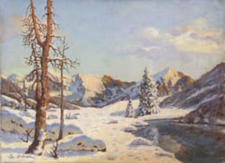 Paysage de neige Huile sur toile Signée en bas à gauche 47 x 61 cm