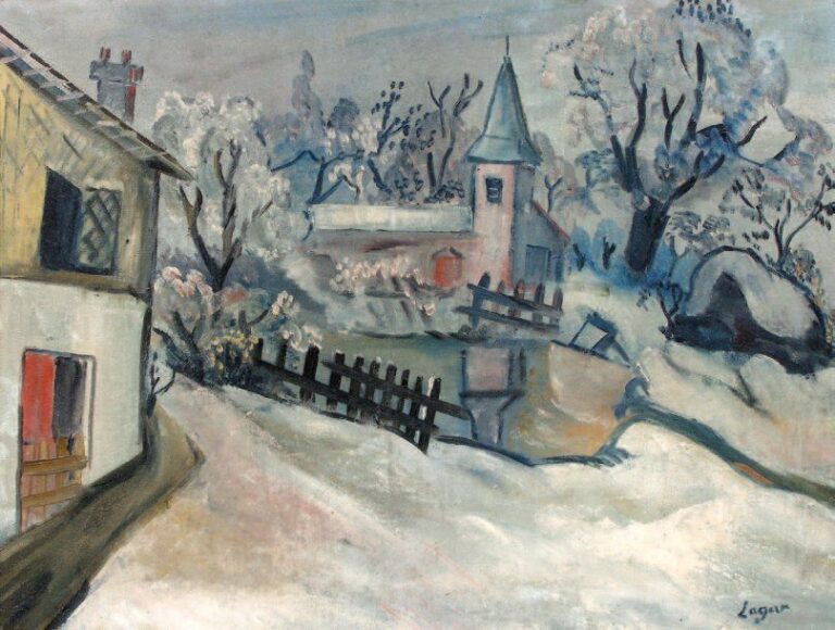 Paysage de Normandie en hiver Huile sur toile, signée en bas à droite 65 x 65 cm Ancienne étiquette Salon 1920 (Anvers)