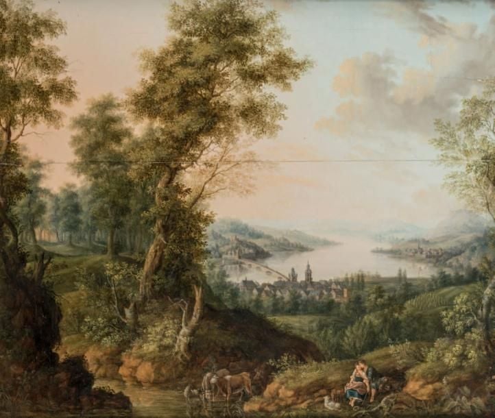 Paysage de rivière animé de bergers