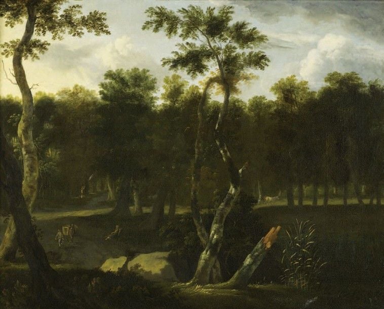 Paysage de sous-bois animé de chasseurs et de voyageurs Huile sur toil