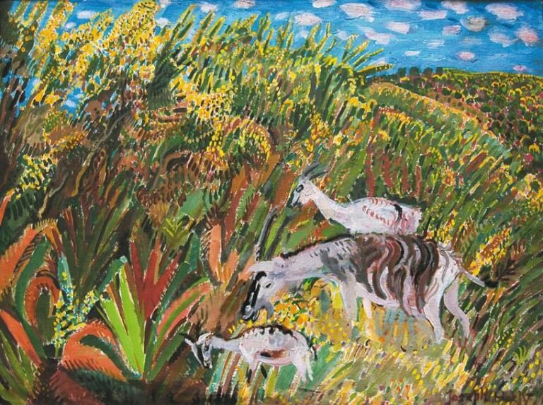 Paysage exotique aux animaux Huile sur toile Signée en bas à droite 60 x 81 cm