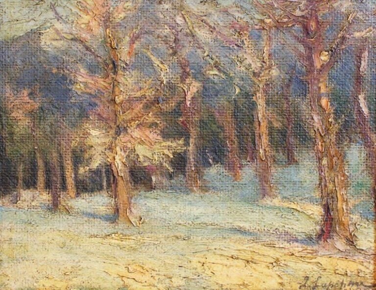 Paysage hivernale Huile sur carton Signée en bas à droite 27,5 x 35 cm