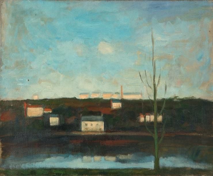 Paysage Huile sur toile, non signée 52 x 93 cm Porte une étiquette au dos «jour d'été, Ardennes»