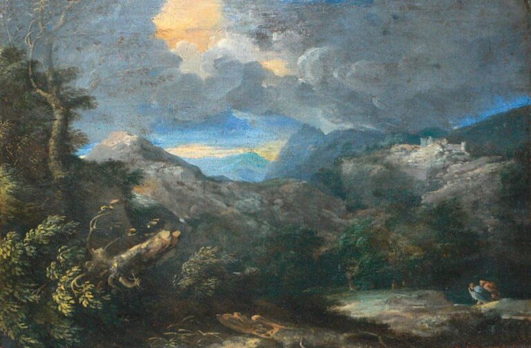 Paysage italianisant sous un ciel d'orage Huile sur toile (quelques restaurations d'usage) 37,8 x 48 cm