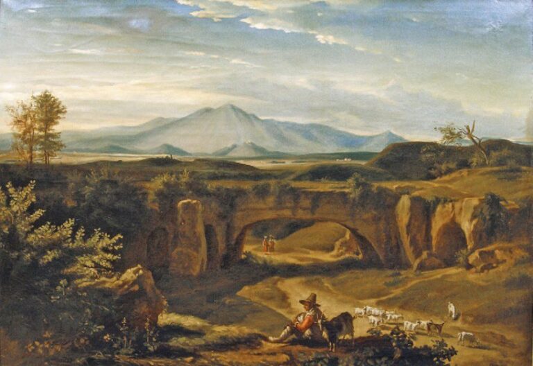 Paysage napolitain animé de paysans et vue sur le Vésuve 89 x 126 cm
