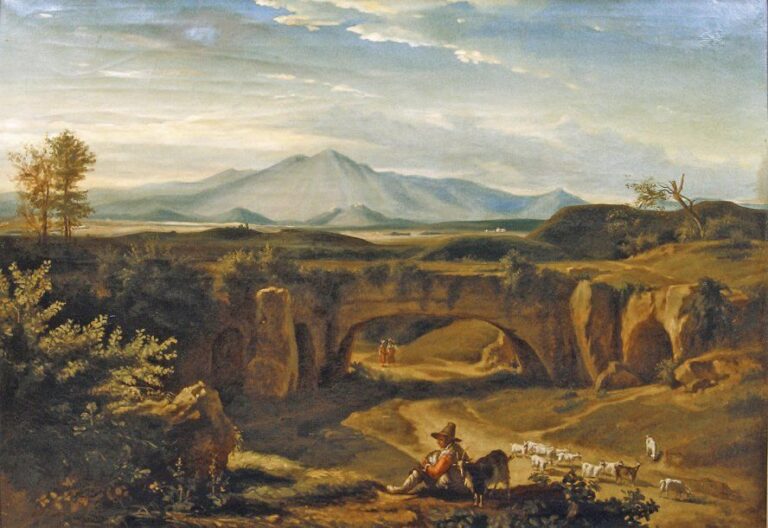 Paysage napolitain animé de paysans et vue sur le Vésuve Huile sur toile 89 x 126 c