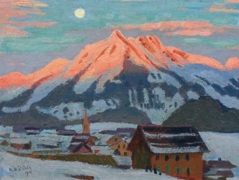 Paysage Suisse au coucher de soleil Huile sur panneau, signée en bas à gauche 27 x 34 cm