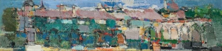 Paysage urbain Gouache sur papier, signée en bas à droite À vue: 47 x 124 cm
