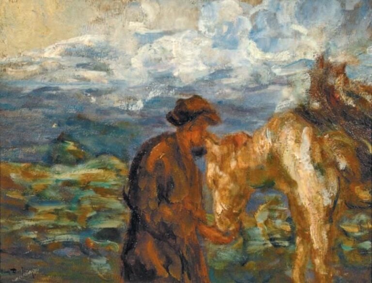Paysan et son âne Huile sur panneau signée en bas à gauche 41 x 54 cm