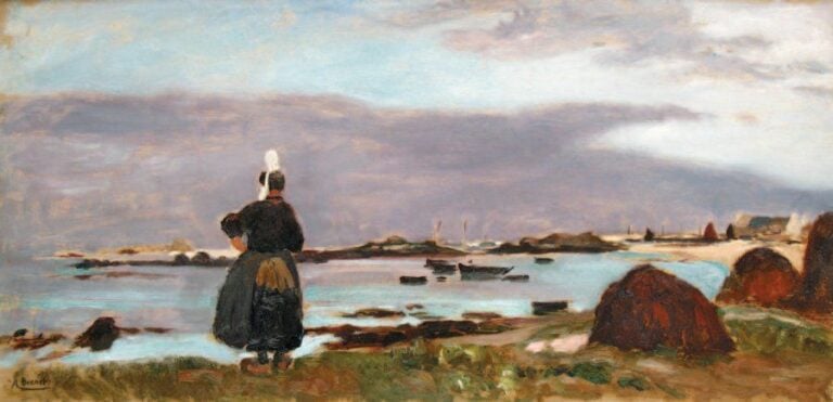 « Paysanne bretonne devant la mer » Huile sur carton, signée en bas à gauch