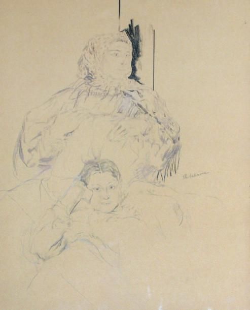 Paysanne russe avec sa fille Mine de plomb, crayons couleur, fusain Signée au milieu à droite 46 x 36 cm (à vue) Provenance: Ancienne collection de Monsieur