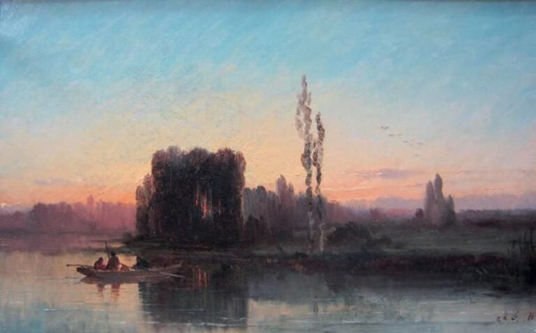 «PÉCHEURS À LA BARQUE» Huile sur toile, signée en bas à droite des initiales et datée 71 24 x 39 cm
