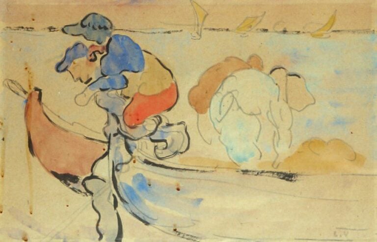 PÊCHEURS Encre et aquarelle, monogrammé du cachet 19 x 31 cm