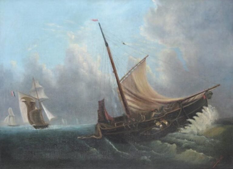 « Pêcheurs relevant leurs filets » Huile sur toile (rentoilée