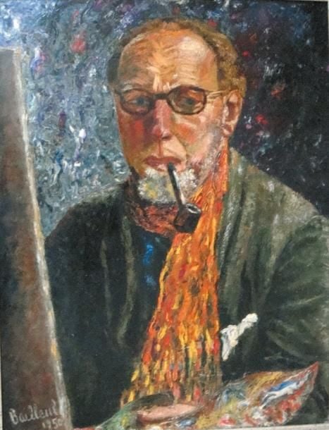 Peintre à son chevalet Huile sur panneau d'isorel, signée en bas à gauche et datée 1950 65 x 50 cm