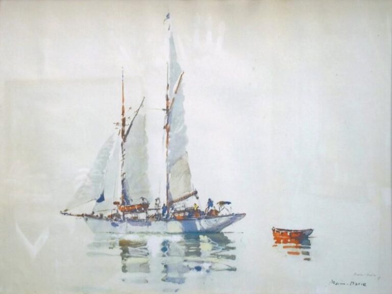 Peintre officiel de la Marine «Bateau par temps calme» Procédé Jacomet contresigné au crayo