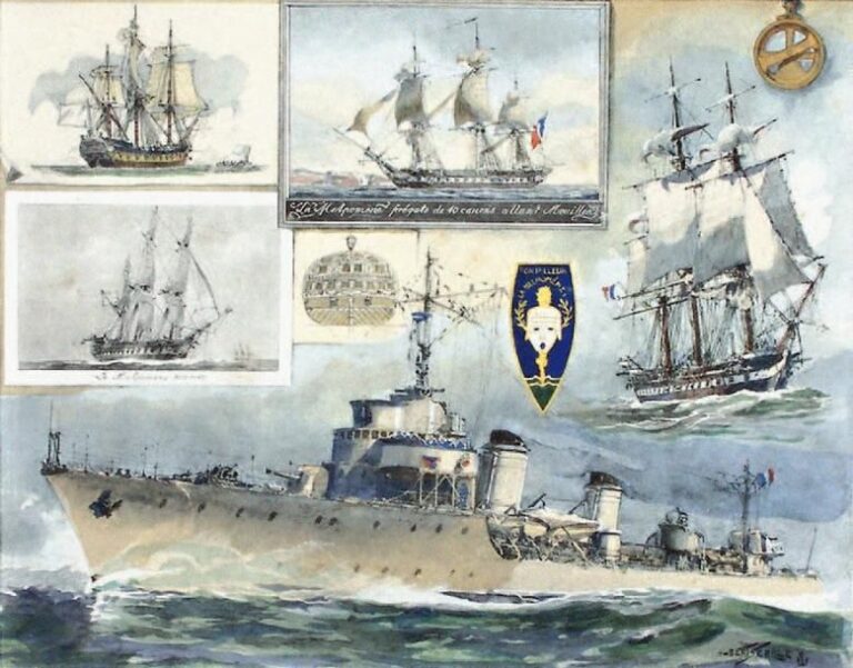 Peintre officiel de la Marine en 1907 Pochoir représentant les différents bâtiments ayant porté le nom « Melpomène », signé en bas à droit