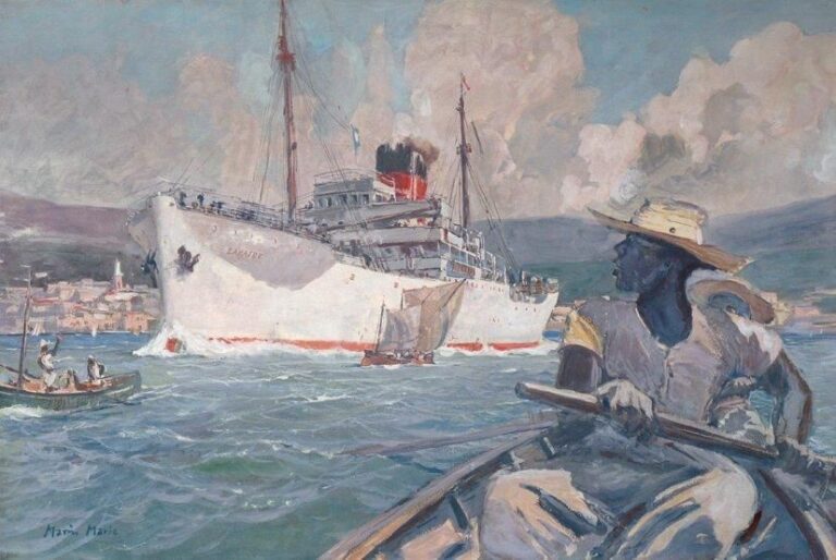 Peintre officiel de la Marine «Le vapeur Caraïbe dans la baie de Fort-de-France» Belle lithographie gouaché