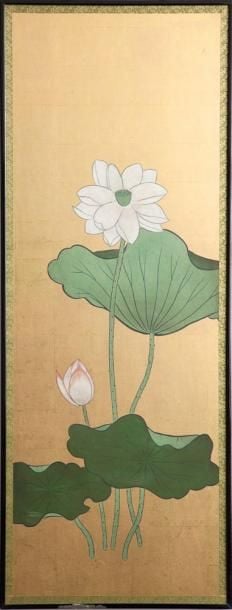 Peinture anonyme figurant un lotus blanc sur feuilles d'o