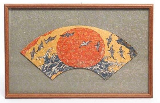 Peinture anonyme sur éventail pliant (ogi) encadr