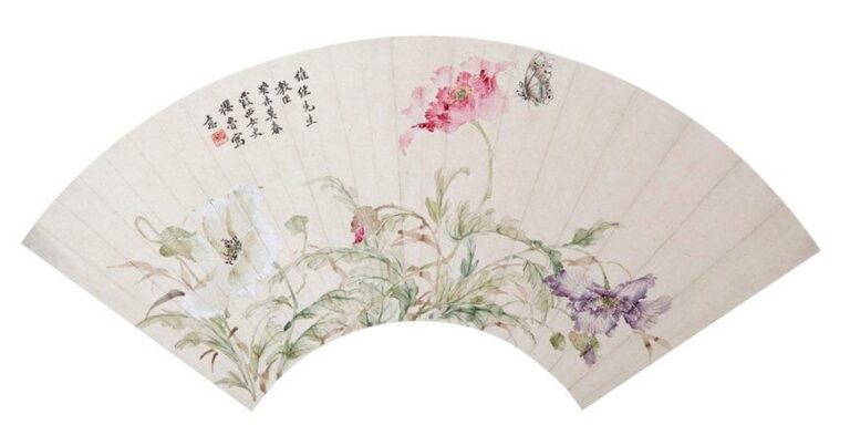 Peinture chinoise sur éventail figurant des fleurs de prunier (meihua