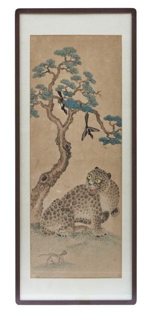 Peinture Coréenne anonyme et encadrée figurant un tigre avec ses deux petits sous un pi