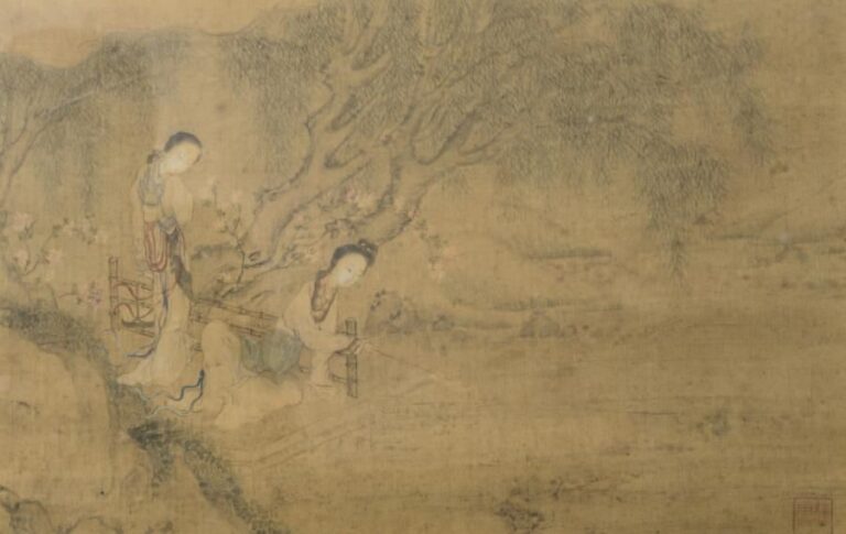 Peinture en encre et polychromie sur soie, représentant une jeune femme accompagnée par son serviteur sous un saule pleureur, penchée sur un lac, l'air pensi