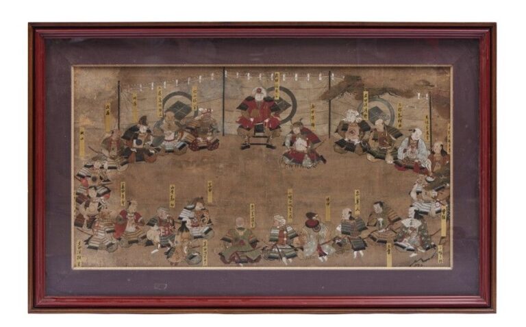 Peinture encadrée figurant le Guerrier Takeda Shingen (1521-1573) assis et entouré de membres de son clan et de domestiques (chaque personnage ayant son nom écrit à ses côtés