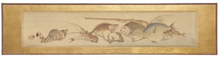 Peinture encadrée polychrome intitulée “générosité de la mer” et figurant des poissons variés, des coquillages et ebi (crevettes