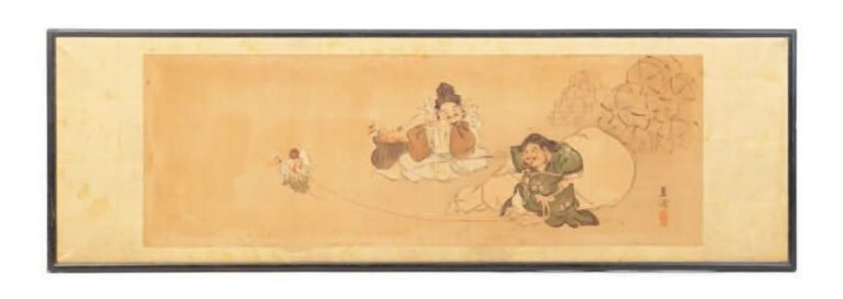 Peinture horizontale, monture dorée à la feuille, représentant les dieux Ebisu et Hote