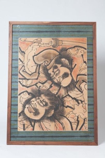 Peinture issue d'une pièce de Kabuki représentant deux samouraïs combattan