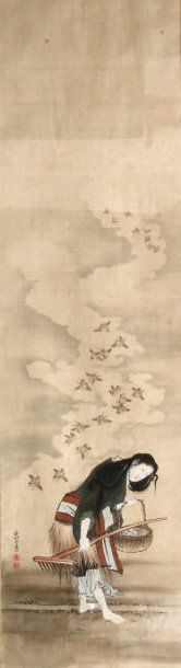 PEINTURE montée en kakemono représentant une pêcheuse d'Awabi