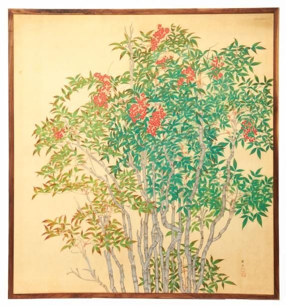 Peinture montèe sur soie reprèsentant des buissons de bambous sacrès en fleurs (Nandina domestica