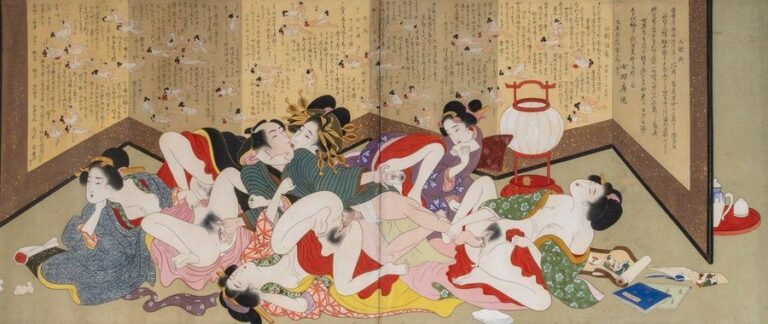 Peinture polychrome encadrée avec une parodie érotique shunga des six poètes immortel